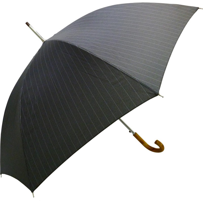 Long umbrella with thin gray lines and wooden cane