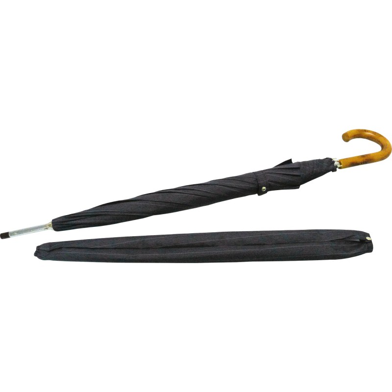 Long umbrella with thin gray lines and wooden cane