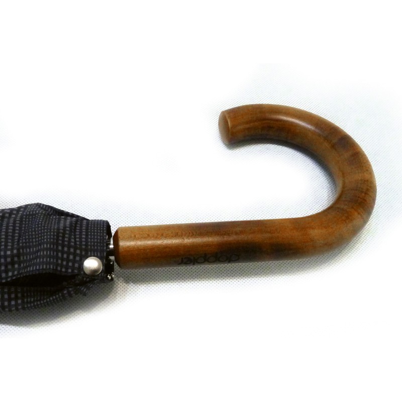 Long umbrella with gray line and wooden cane