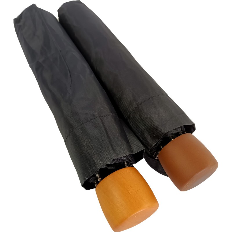 Kleine zwarte paraplu met imitatiehouten handvat