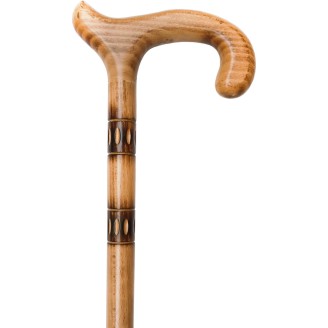 BROWN cane, chiseled wood, hook handle