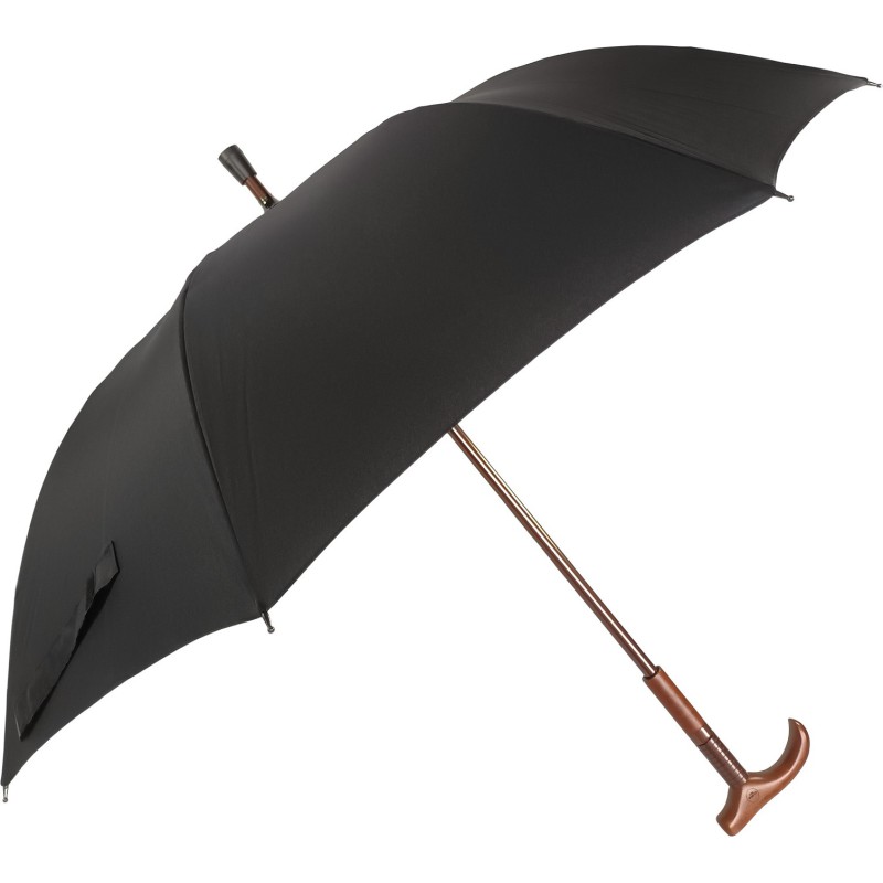 Long black umbrella with wooden cane