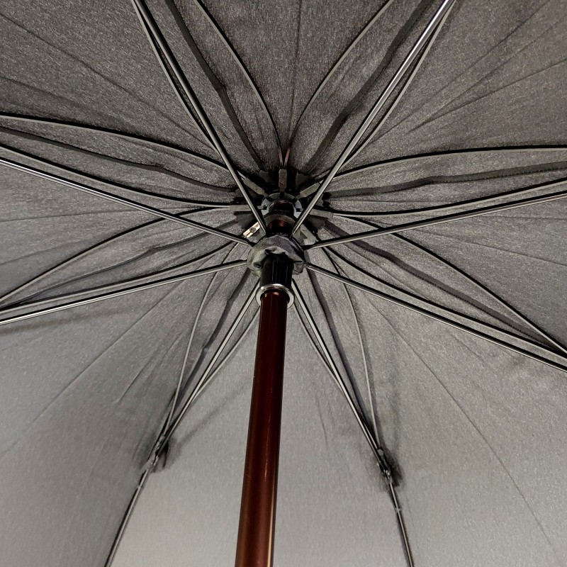 Long black umbrella with wooden cane