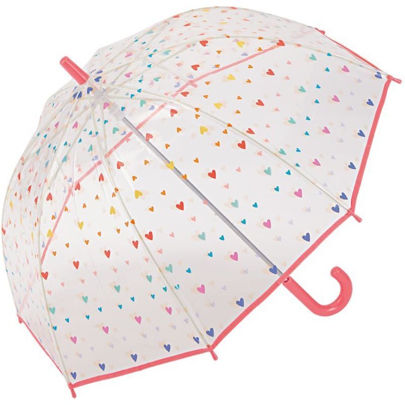 LONG PARAPLUIE ENFANT TRANSPARENT AVEC CŒURS ET CANNE