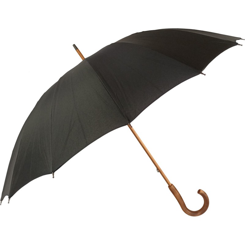 Long black umbrella 16 ribs with wooden cane