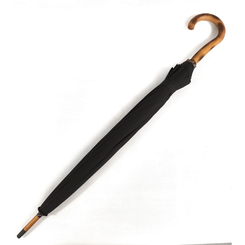 Long parapluie 16 baleines noir avec canne en bois