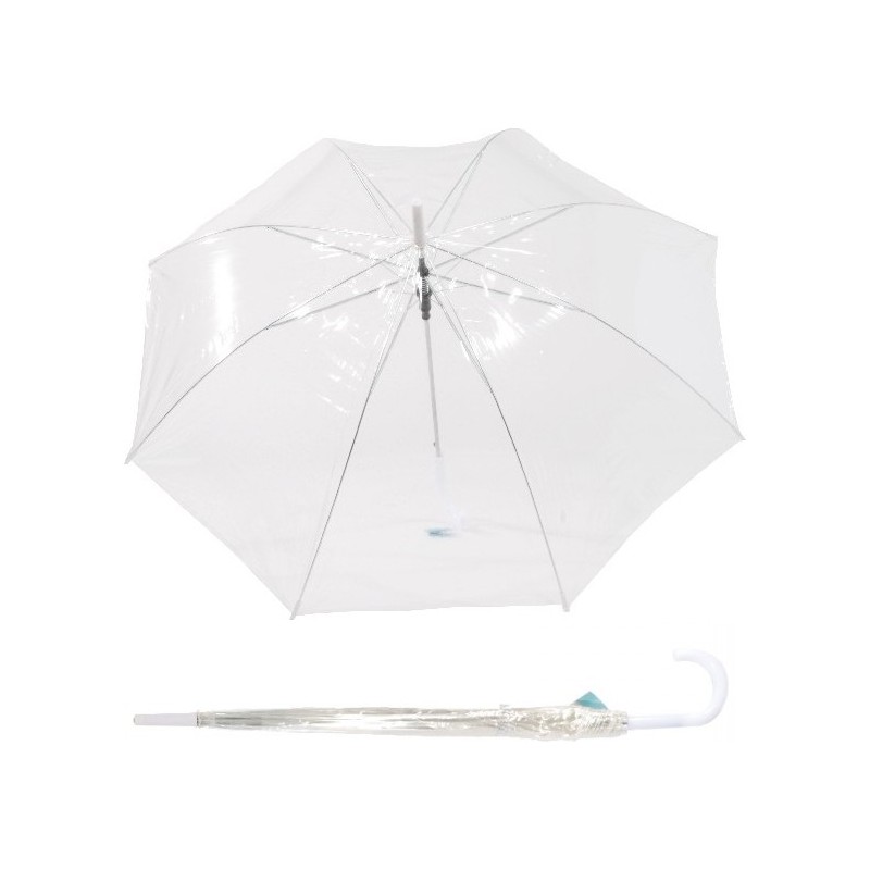 Lange transparante paraplu met witte stok