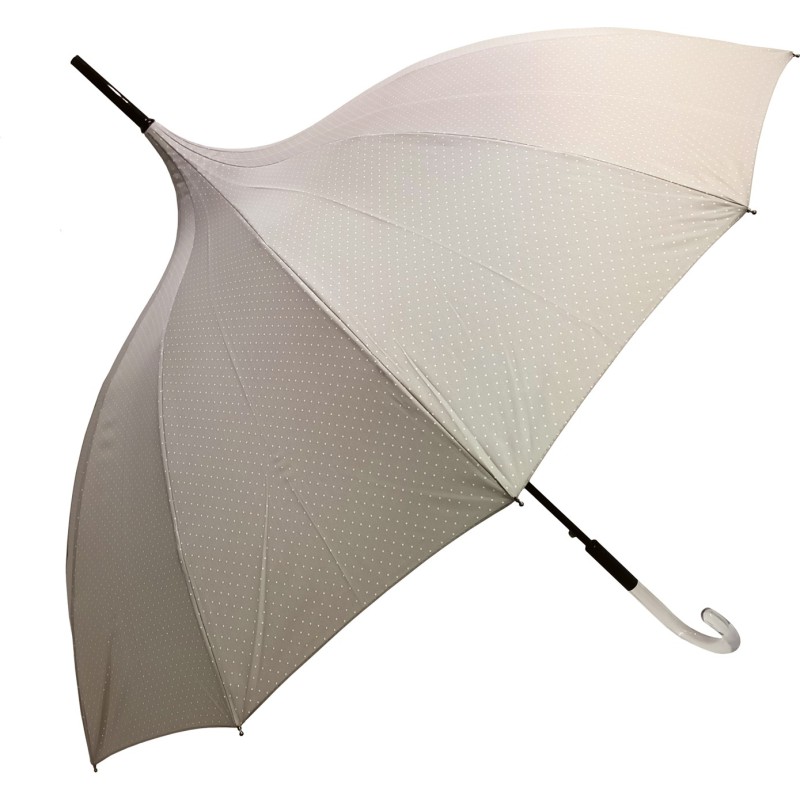 Long beige pagoda umbrella with white polka dot print
