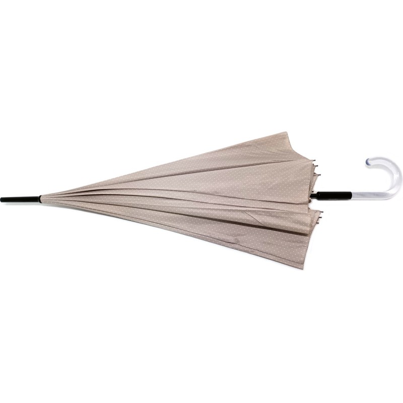 Long beige pagoda umbrella with white polka dot print