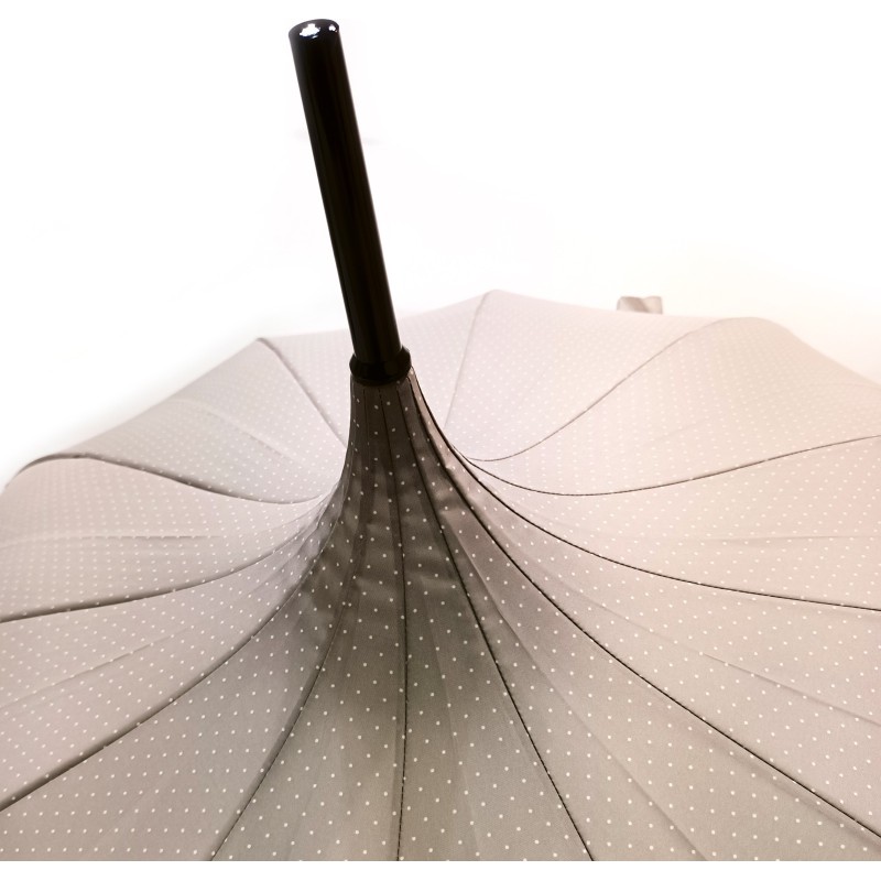 Long parapluie pagoda beige imprimé petits pois blanc