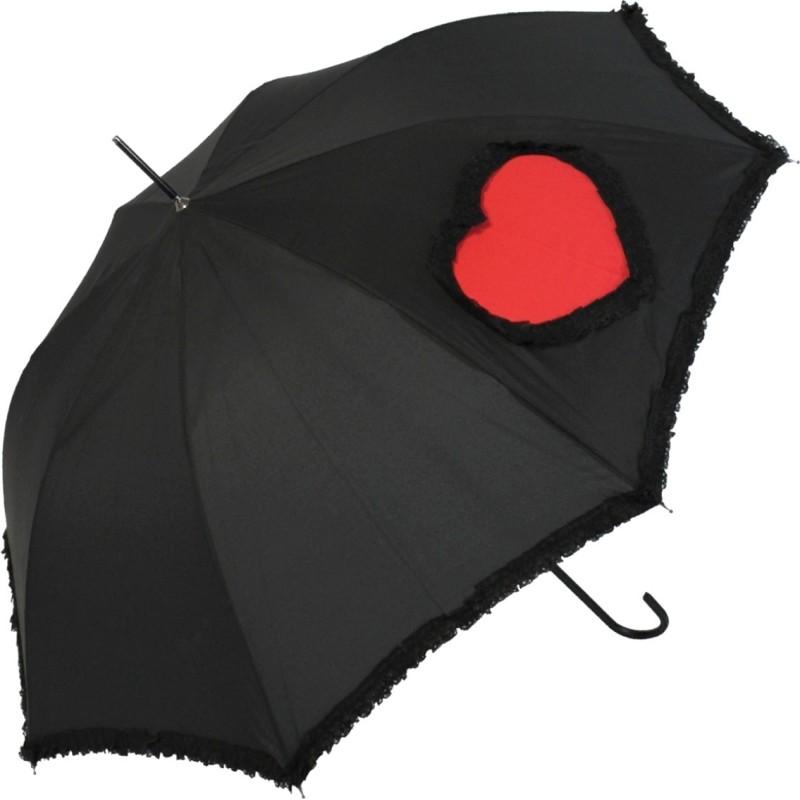 Long black umbrella with red heart and lace on edge