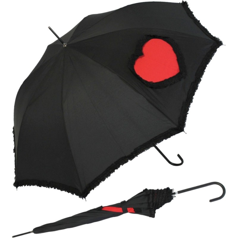 Long parapluie noir avec cœur rouge et dentelle sur bor