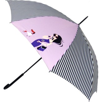 Long parapluie rayé bicolore noir/blanc avec un pan uni