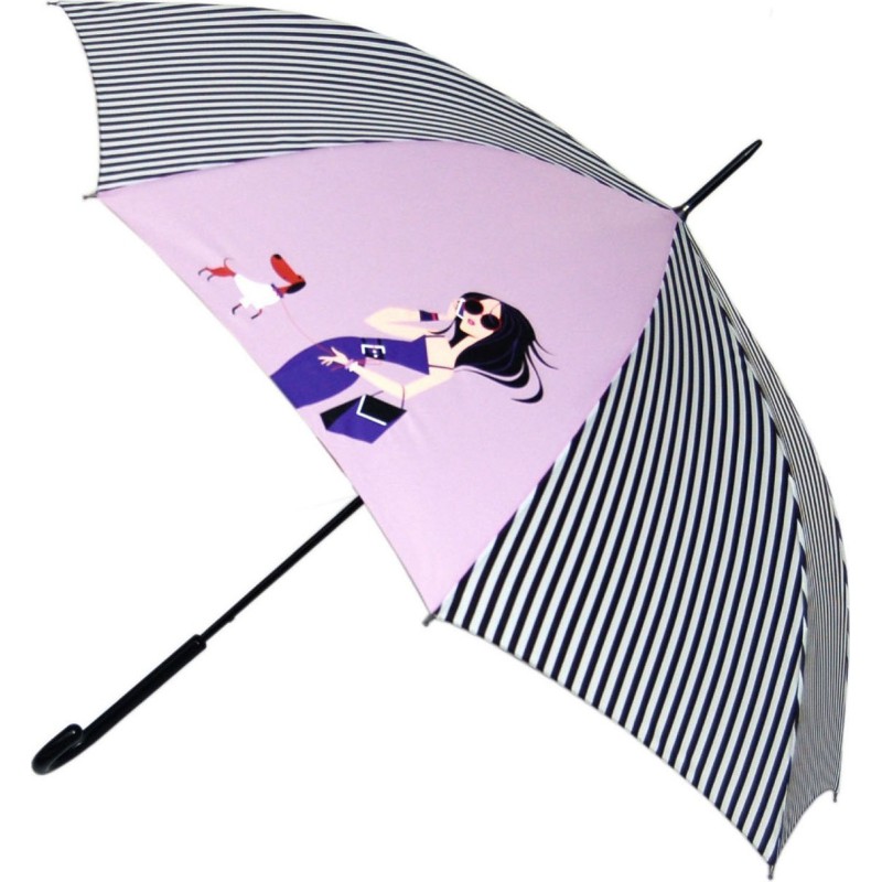 Long parapluie rayé bicolore noir/blanc avec un pan uni