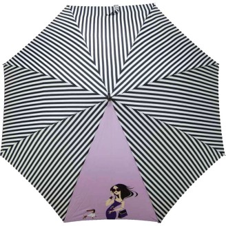Long parapluie rayé bicolore noir/blanc avec un pan uni