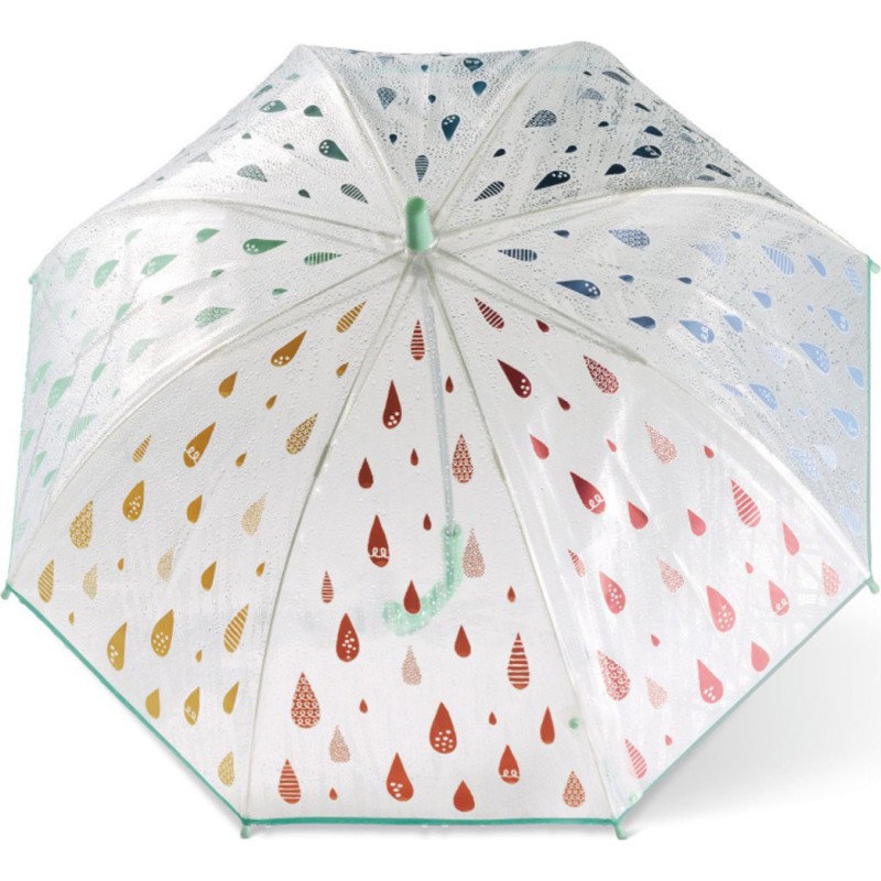 LONG PARAPLUIE ENFANT TRANSPARENT AVEC GOUTTES ET CANNE